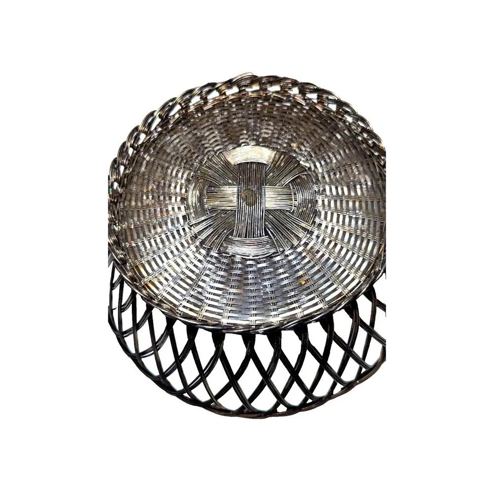 Vintage Metal Wire Basket Round Woven Bread Fruit Silver Color 10 x 3-in Kitchen